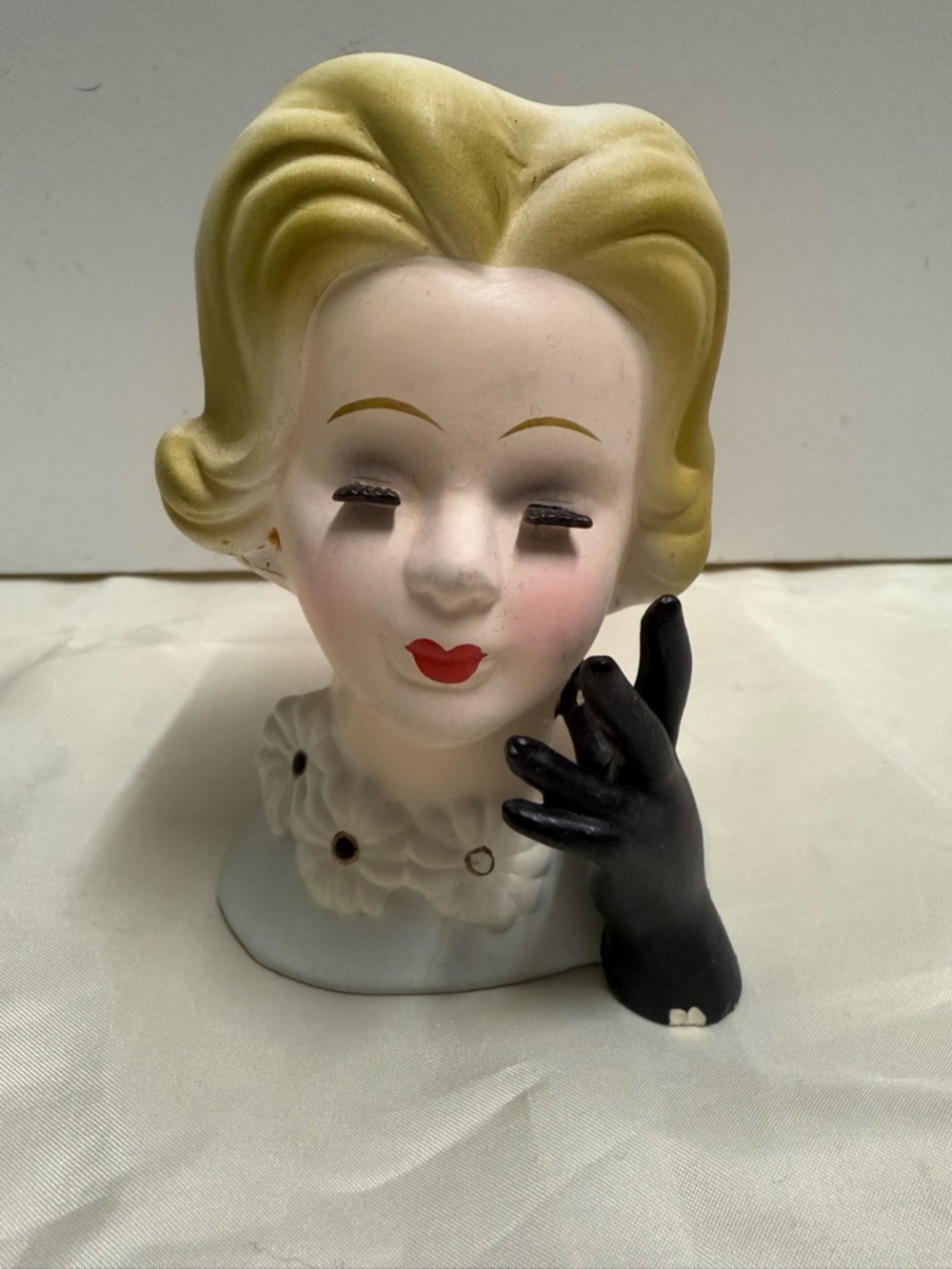 Vintage Lady Head Vase with Blonde Hair and Black Glove